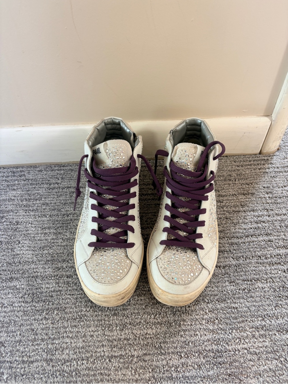 P448 Womens White High-Top Sneakers with Purple Laces